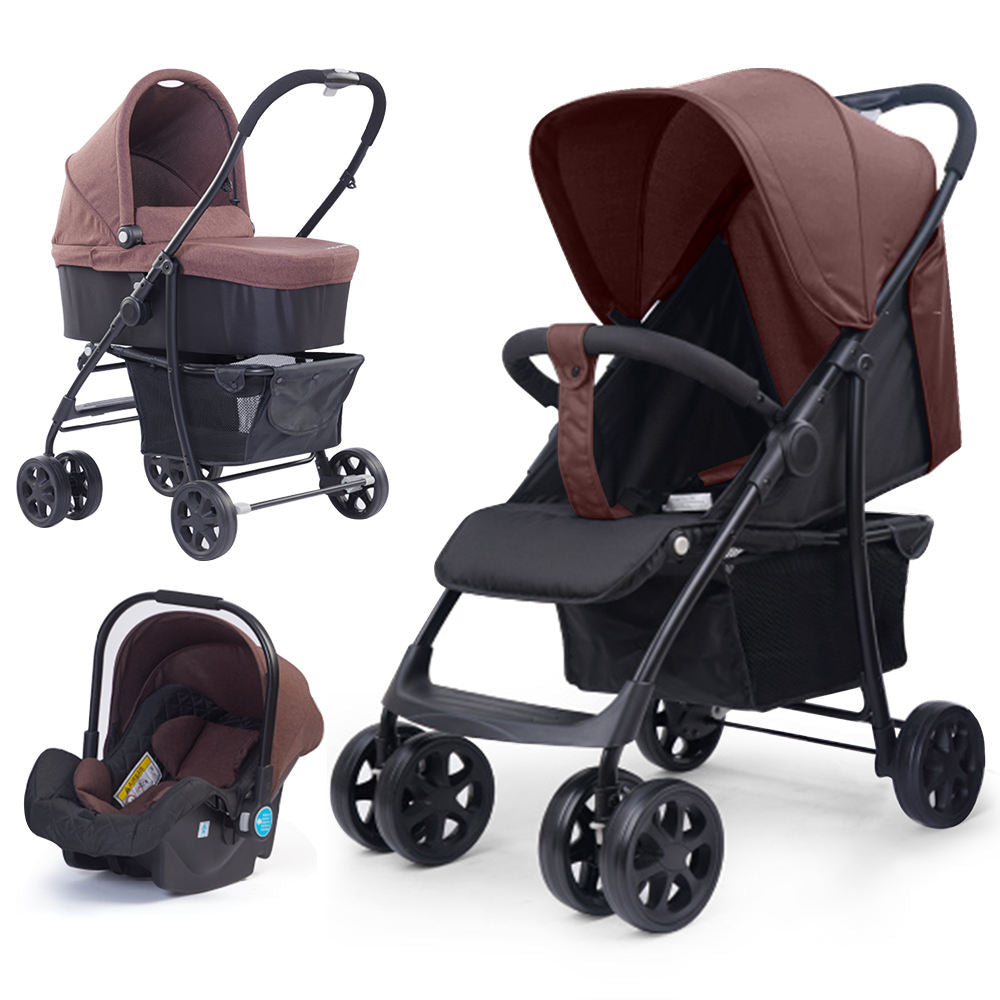 3-in-1 Foldable 4-Wheel Baby Stroller with Car Seat Fabric & Stainless Steel Frame Portable Travel System for 0-3 Years